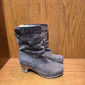 UGG Australia Lynnea Boots Womens Brown Suede Shearling Ankle Wood Clog Size 7